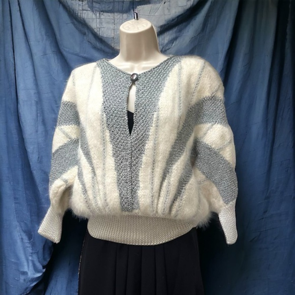 White Angora & Metallic Lamé Fuzzy Sweater Mary Martine Paris Couture 1980’s